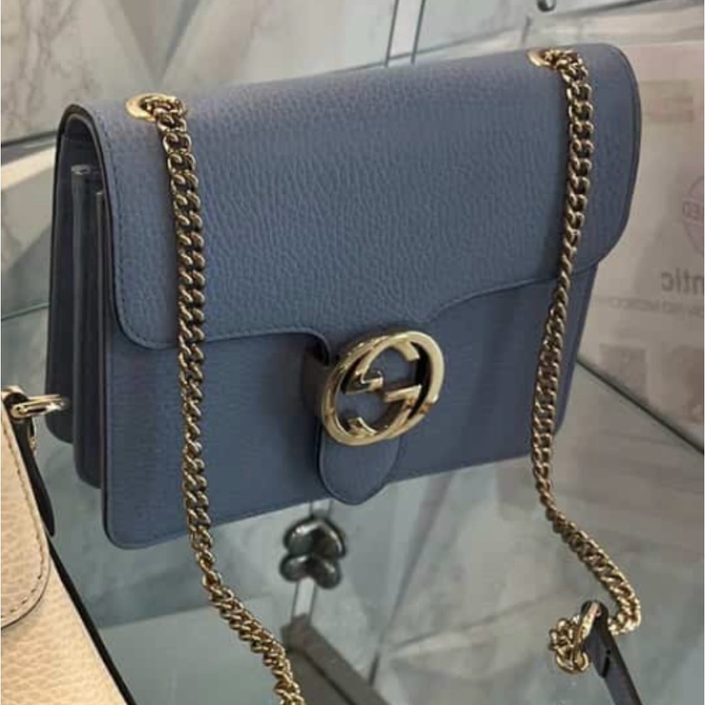 Gucci Dusty Blue Leather Crossbody with Gold Chain